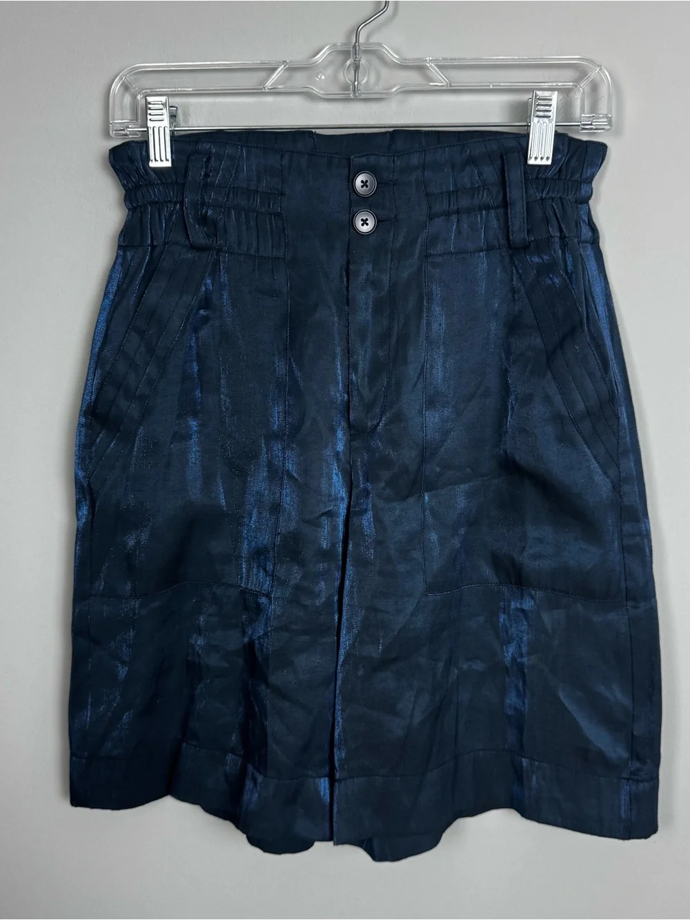 CURRENT AIR | Metallic Navy Blue High-Waist Paperbag Shorts Women’s Size Small